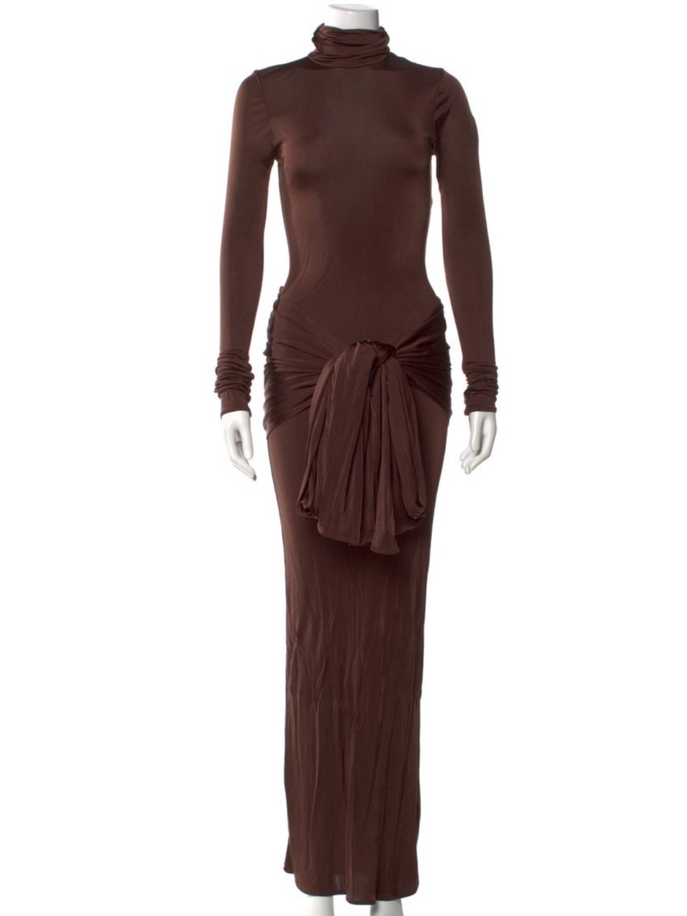 HELSA - Long Sleeve Brown Turtleneck Maxi Dress with Draped Knot